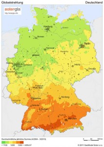 Karte der globalen Strahlung in Deutschland - die aus direkter und diffuser Strahlung besteht.